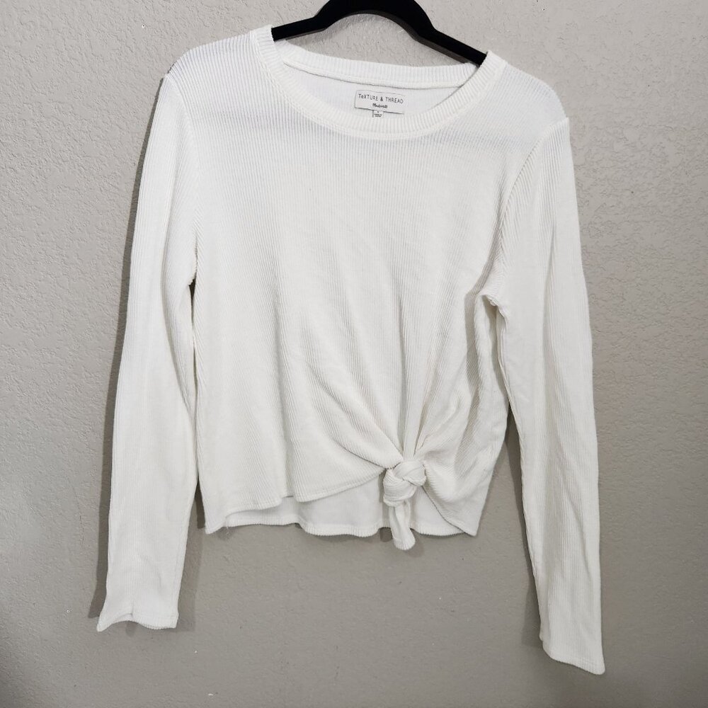 Madewell Texture & Thread Top Size L Womens White Ribbed Long Sleeve Knotted Fro